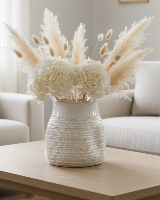 White ceramic vase with a textured surface and wide neck from Hill Interiors, designed for decorative floral arrangements.