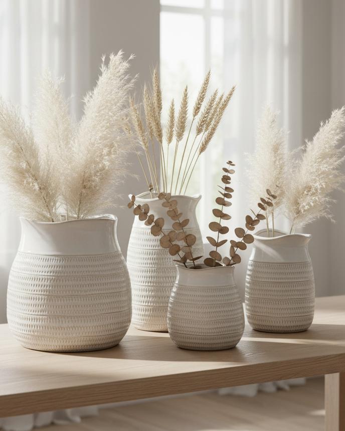 White ceramic vase with a wide neck and textured surface, designed by Hill Interiors for decorative use.