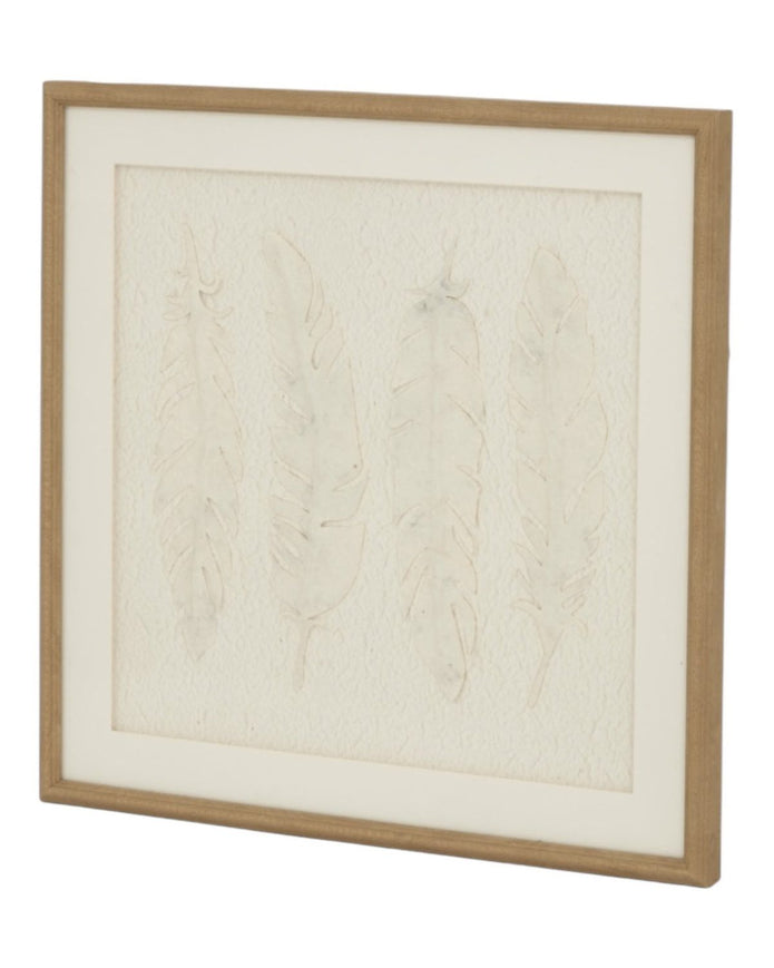 White feather wall art in a frame by Hill Interiors, showcasing elegant nature-inspired decor for interior walls.