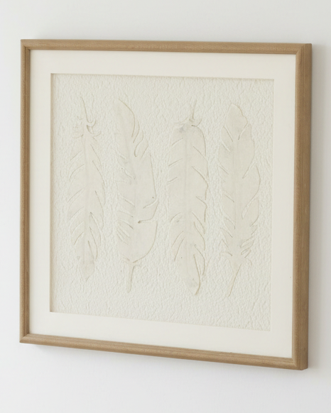 Alta White Feather wall art by Hill Interiors in a frame, featuring a detailed white feather illustration on a neutral background.