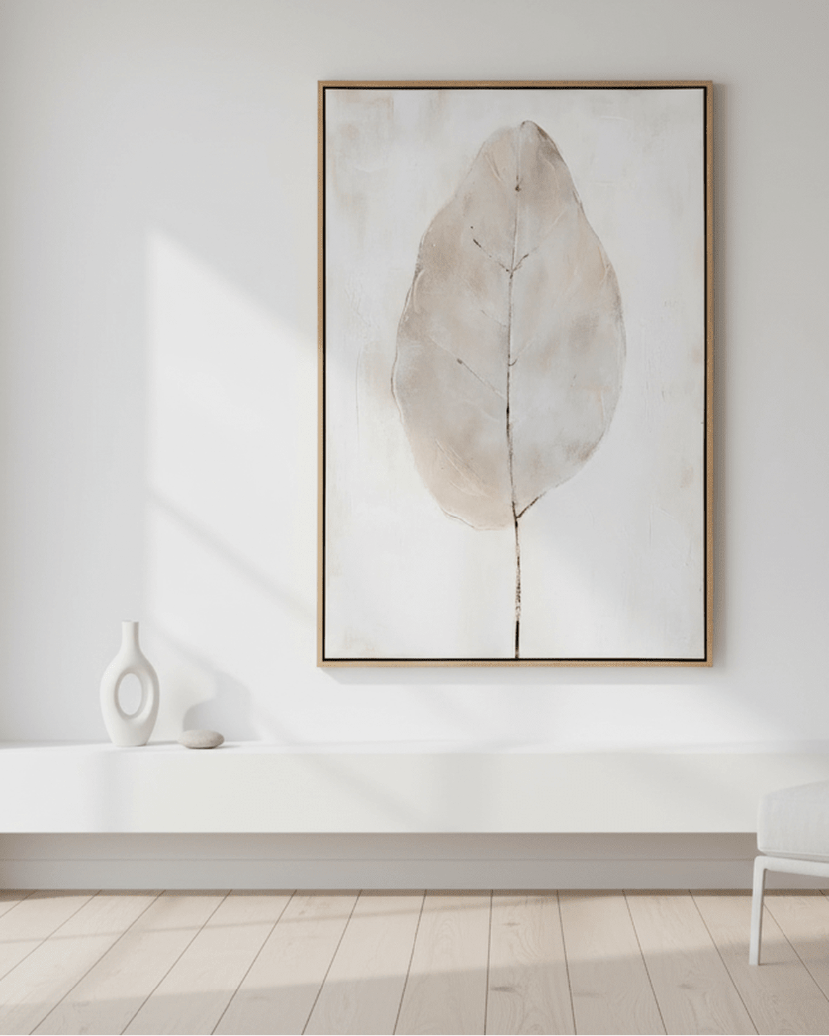 Large neutral leaf wall art by Hill Interiors, framed picture featuring botanical design for modern home decor.