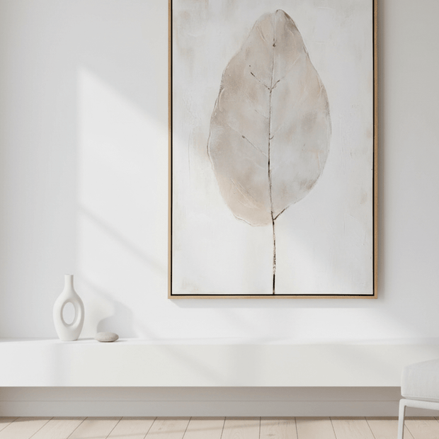 Large neutral leaf wall art by Hill Interiors, framed picture featuring botanical design for modern home decor.