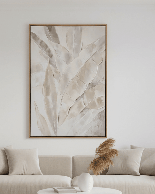 Large neutral feather wall art by Hill Interiors in a frame, suitable for modern home decor.
