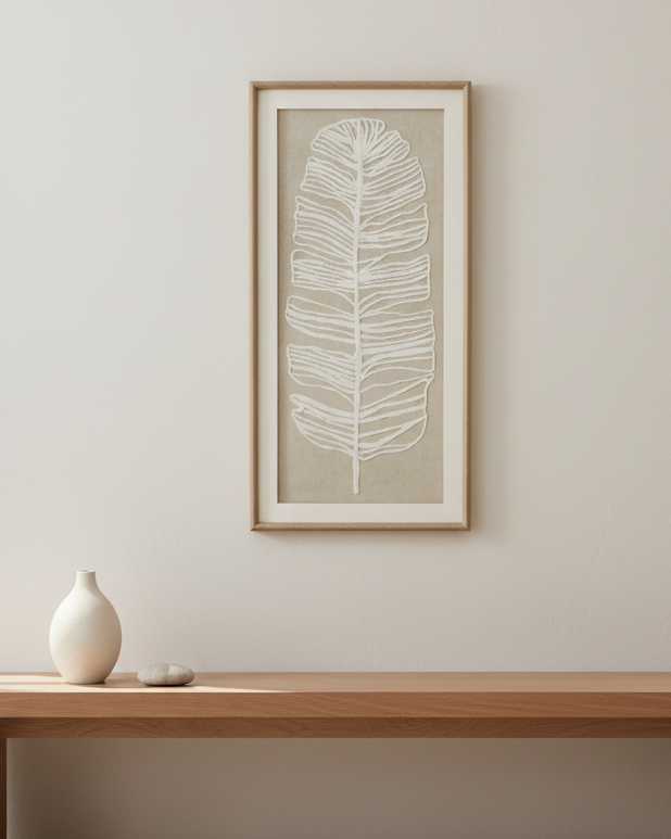 Large white feather wall art in a frame by Hill Interiors, featuring a delicate plume design for elegant home decor.