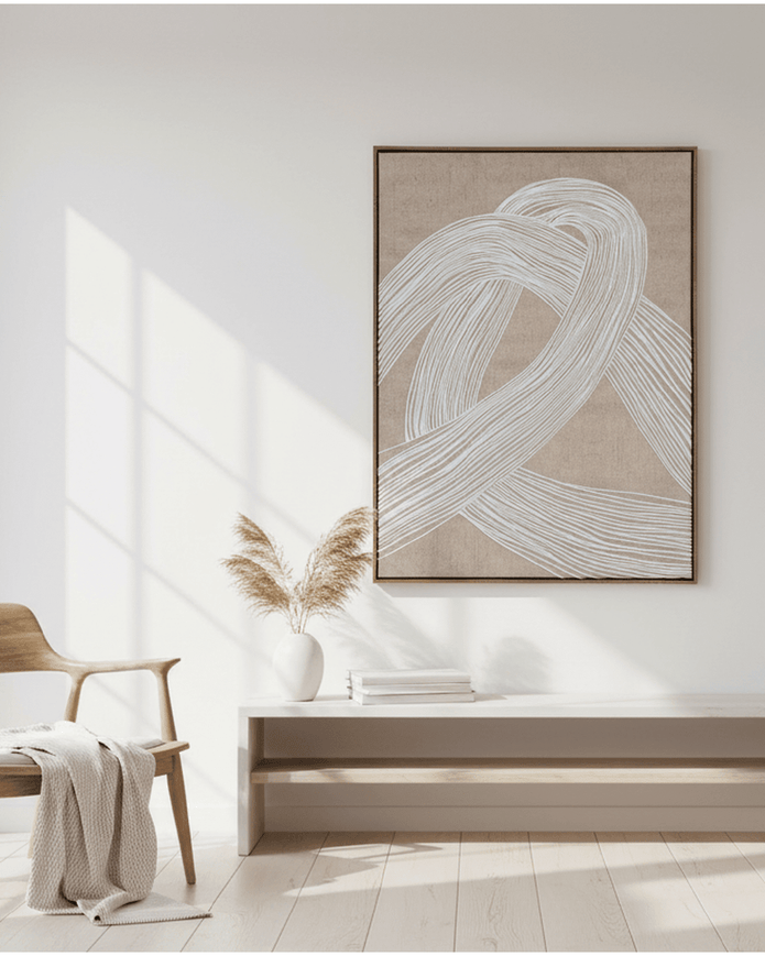 Neutral Lunora Line framed canvas print wall art by Hill Interiors, featuring abstract beige and gray tones for modern decor.