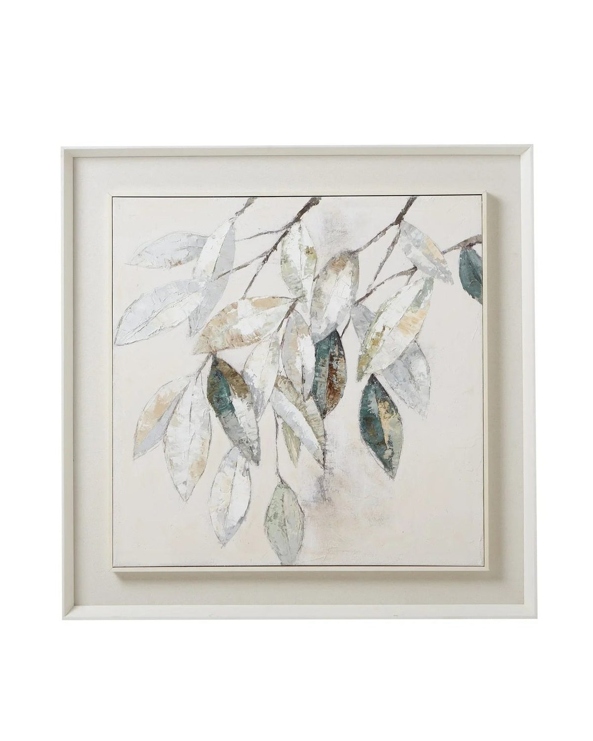 Wooden framed wall art painting on canvas featuring vibrant green leaves, by Hill Interiors.