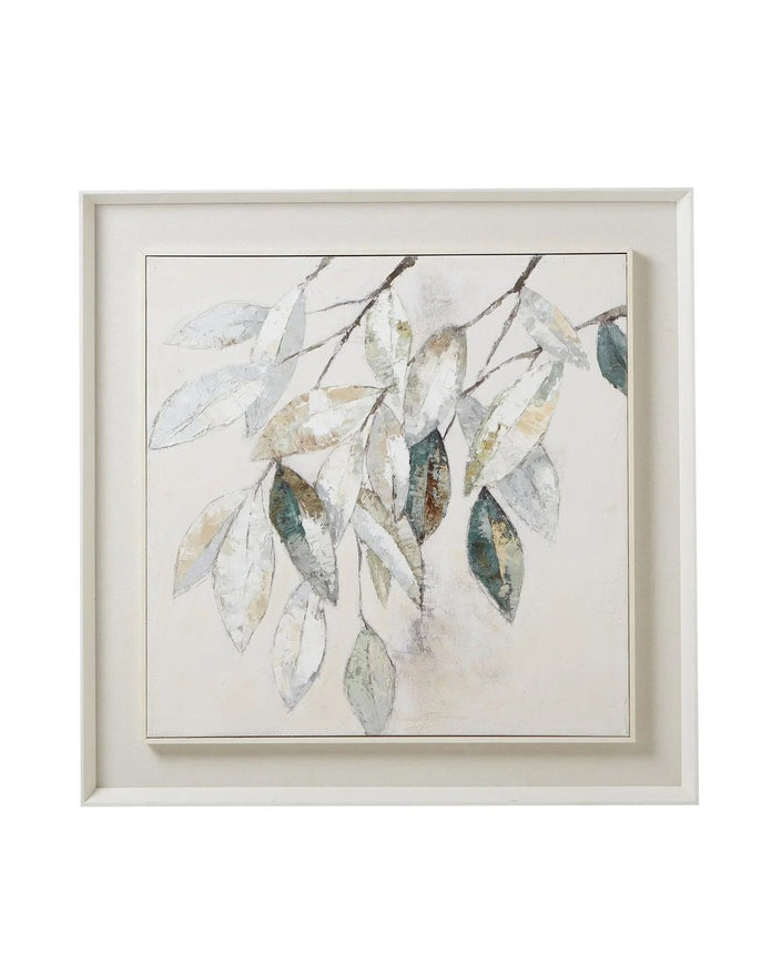 Wooden framed wall art painting on canvas featuring vibrant green leaves, by Hill Interiors.