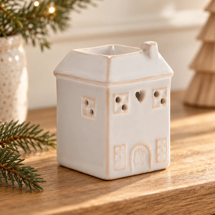 Widdop & Co ceramic house-shaped wax melt burner with chimney and cut-out windows