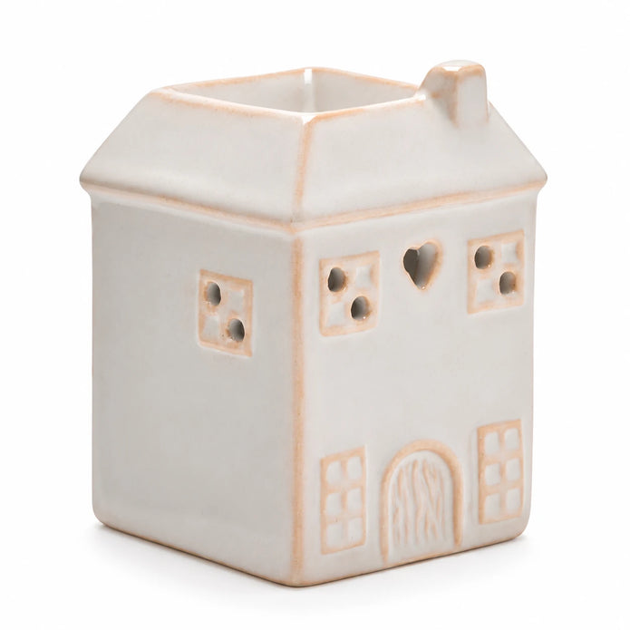 Widdop & Co ceramic house-shaped wax melt burner with chimney and window cutouts