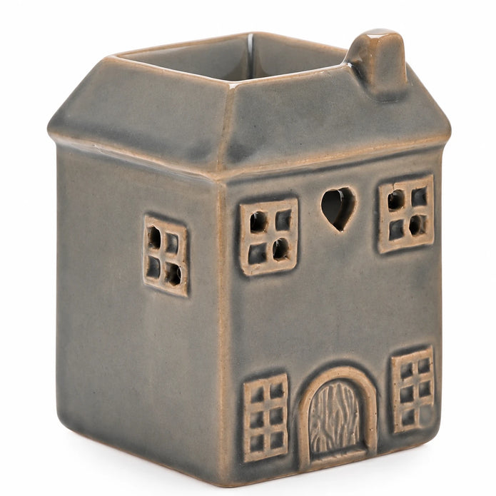 Widdop & Co ceramic house shaped wax melt burner with chimney and window cutouts