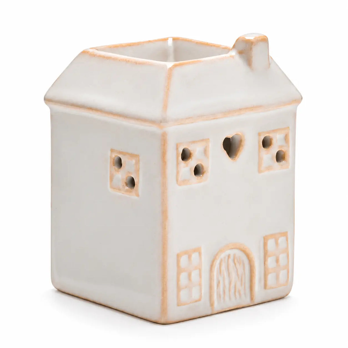 Widdop & Co white ceramic house shaped wax melt burner on a clean studio background