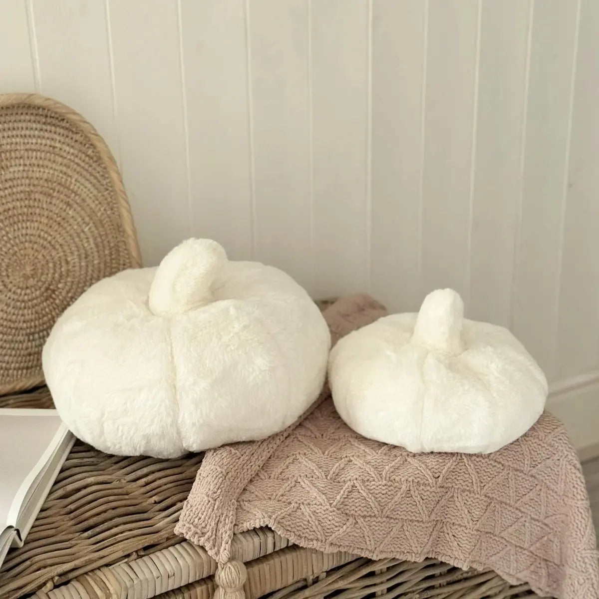 Cream Fluffy Pumpkin autumn decor by Heaven Sends, detailed close-up of soft, textured pumpkin with a cozy, fluffy appearance.