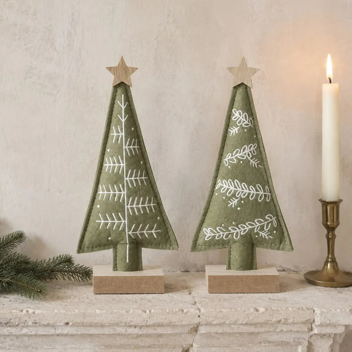 Sage Green Felt Christmas Tree With Wood Star, close-up product detail