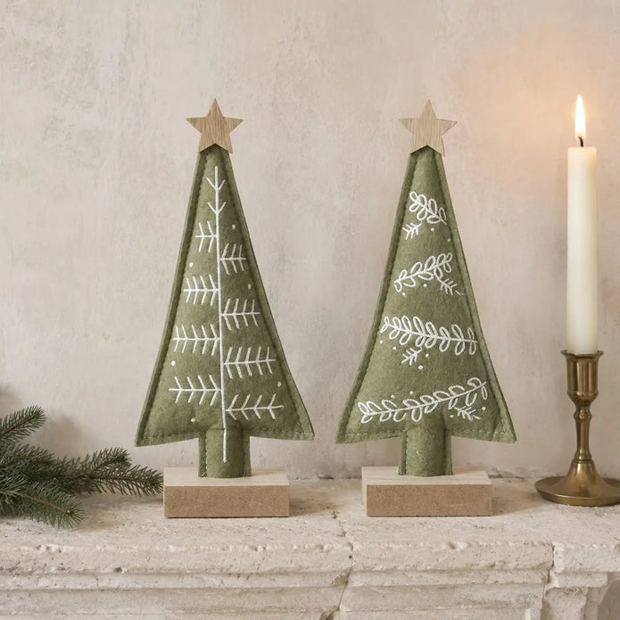 Sage Green Felt Christmas Tree With Wood Star, close-up product detail