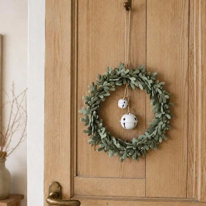 Felt Wreath With White Bell, close-up product detail