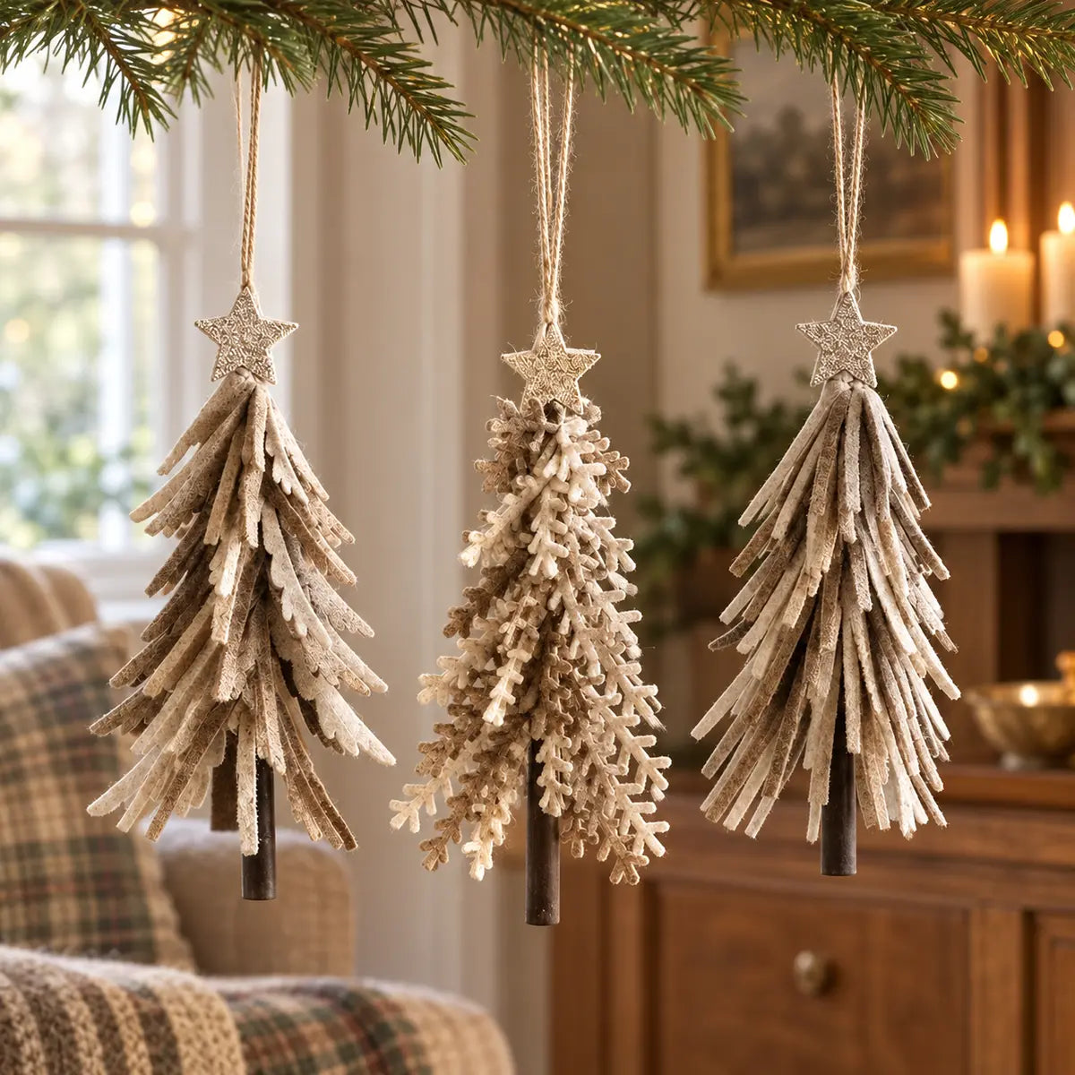 Neutral and brown felt hanging tree decorations styled together on fir