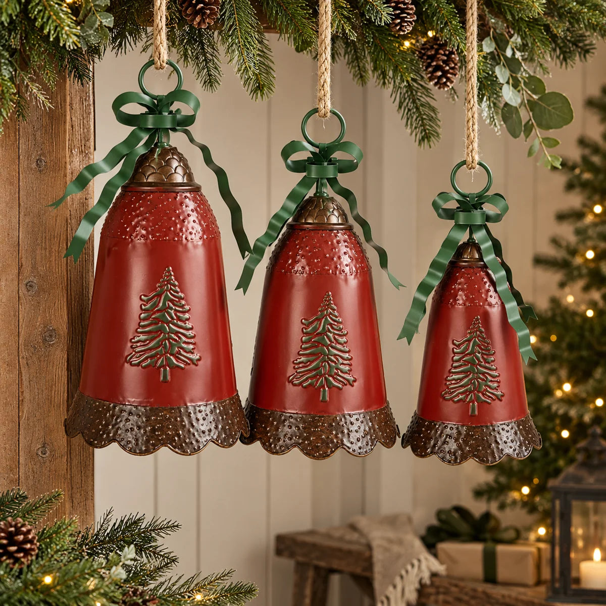 Three musical sensor metal Christmas bells with red bodies and antique bronze scalloped edges hanging at staggered heights