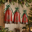 Three musical sensor metal Christmas bells with red bodies and antique bronze scalloped edges hanging at staggered heights