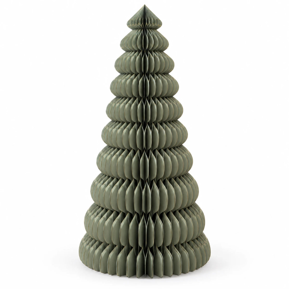 Satchville green paper Christmas tree, large lifesize standing holiday decoration in a white studio setting.