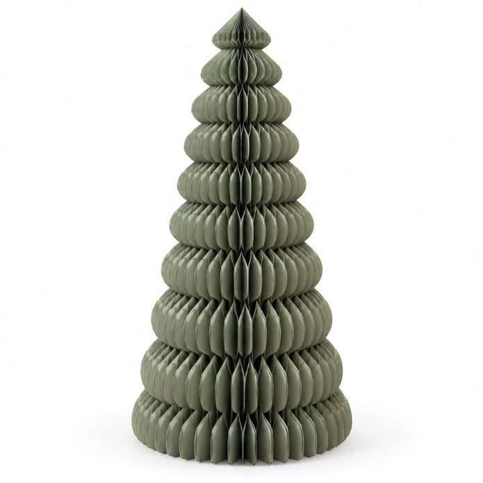 Satchville green paper Christmas tree, large lifesize standing holiday decoration in a white studio setting.