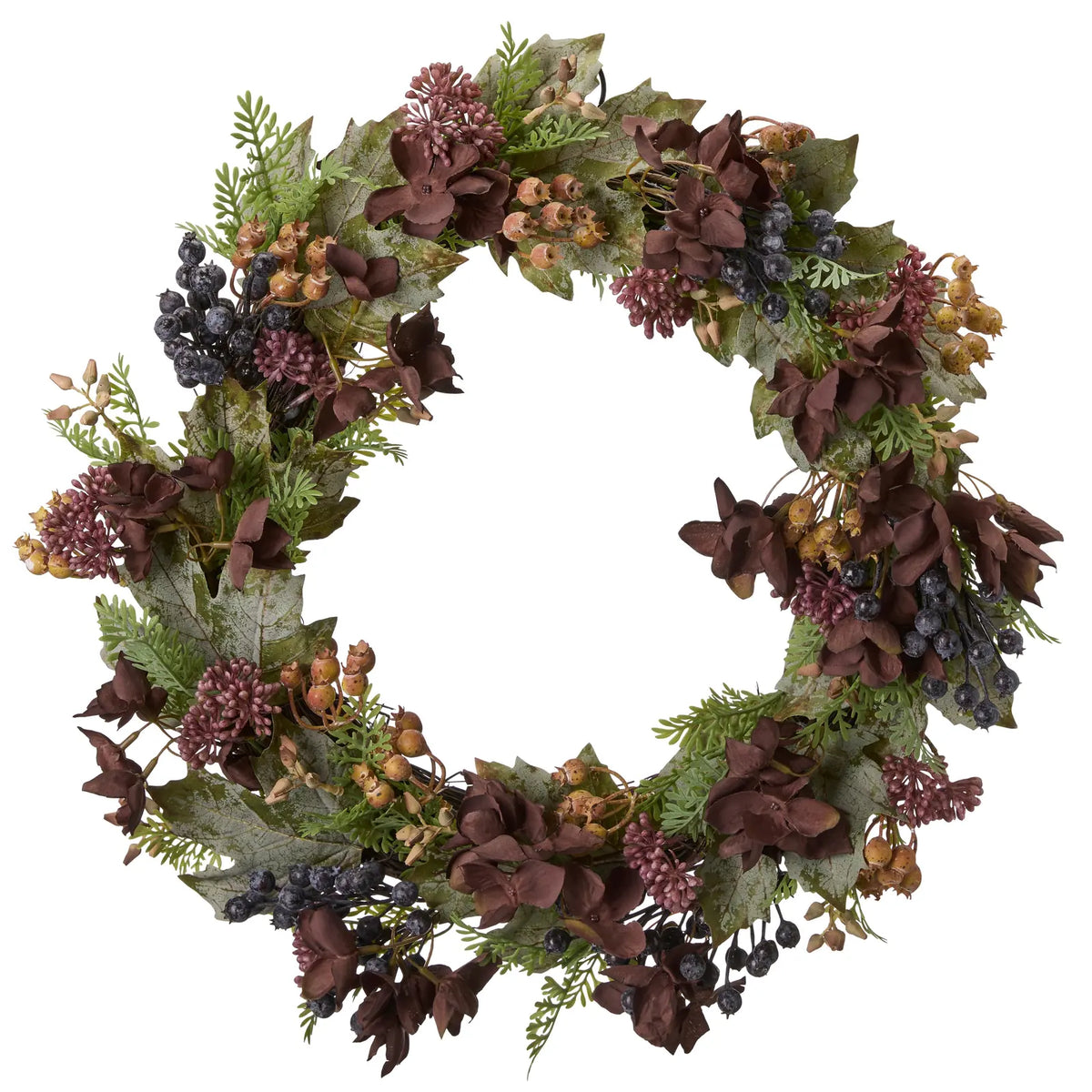 Hydrangea Green Artificial Wreath with burgundy flowers, green leaves and dark berries on a white background