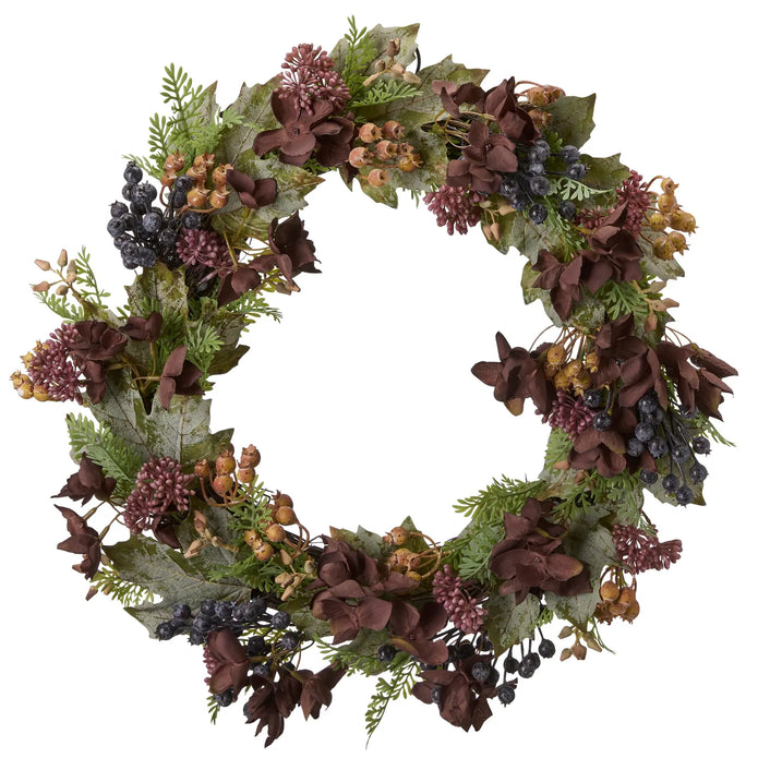 Hydrangea Green Artificial Wreath with burgundy flowers, green leaves and dark berries on a white background