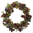 Hydrangea Green Artificial Wreath with burgundy flowers, green leaves and dark berries on a white background