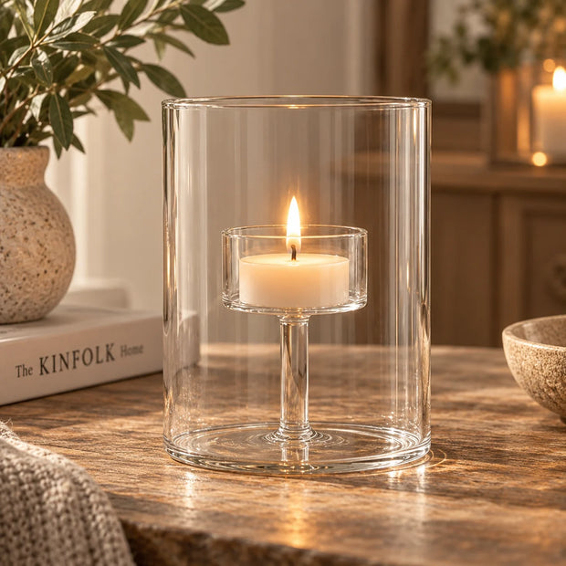 Clear glass Ina Cylinder tealight holder by Wikholmform, showcasing a minimalist design perfect for elegant candle displays.