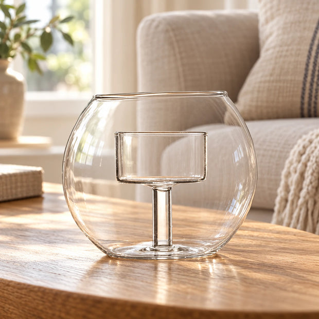 Ina Round Clear Glass Tealight Holder — One empty holder on oak coffee table by linen sofa