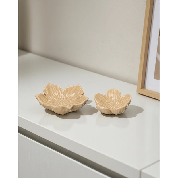 Set of two Ingrid Flower beige trinket dishes by Wikholmform, decorative home decor for jewelry and small items.