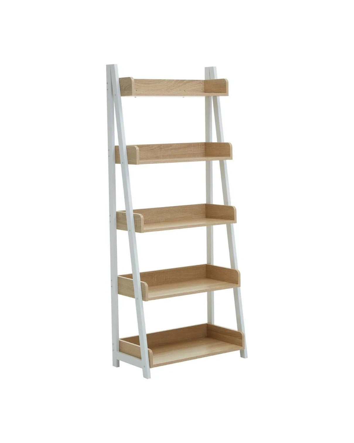 Natural oak five-tier shelf unit from Bradbury by Interiors by Premier, showcasing sturdy wooden shelves and modern design.