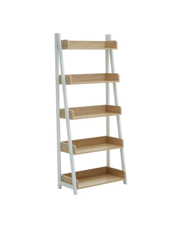 Natural oak five-tier shelf unit from Bradbury by Interiors by Premier, showcasing sturdy wooden shelves and modern design.