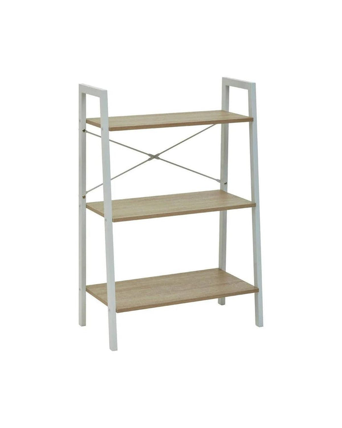 Natural oak veneer ladder shelf unit with three tiers, part of Interiors by Premier furniture collection.