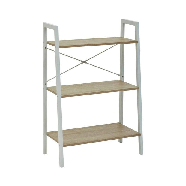 Natural oak veneer ladder shelf unit with three tiers, part of Interiors by Premier furniture collection.