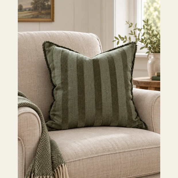 Isla Olive Green Striped Square Cushion Cover — styled view 2