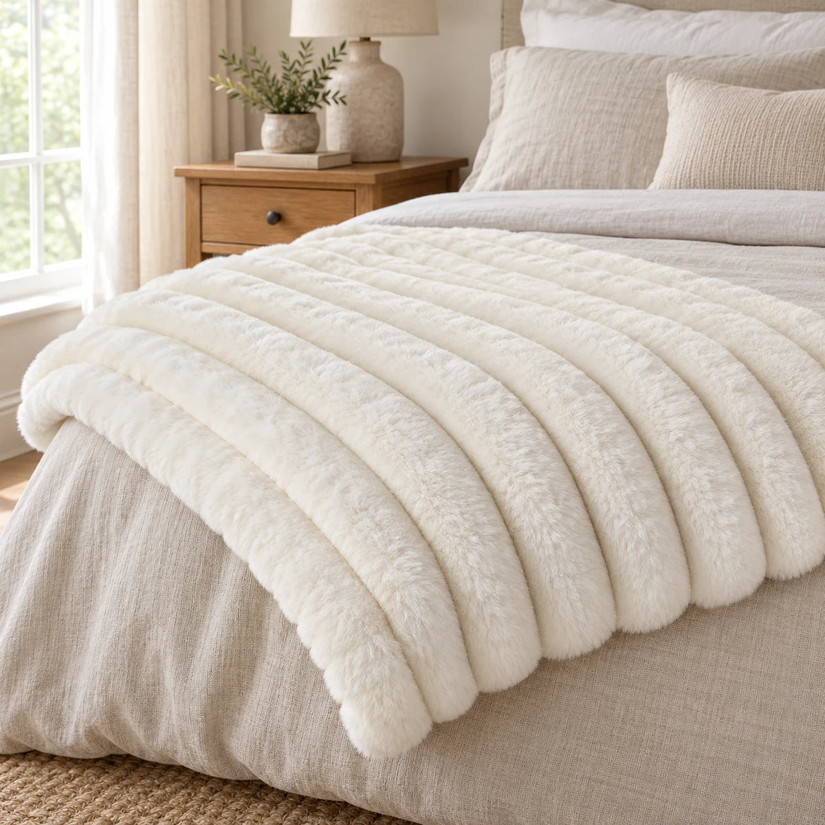 Ivory faux fur throw folded across oatmeal bedding in a neutral bedroom