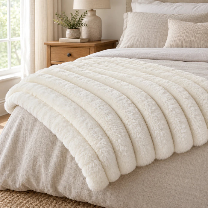 Ivory faux fur throw folded across oatmeal bedding in a neutral bedroom