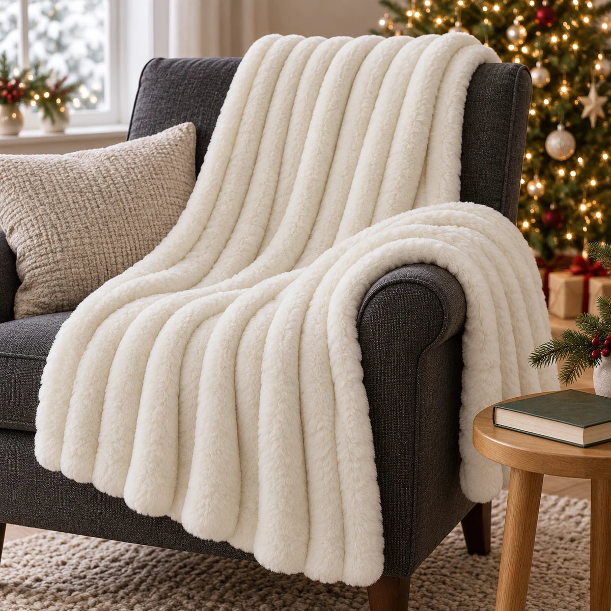Ivory white faux fur blanket styled on a charcoal armchair beside a Christmas tree