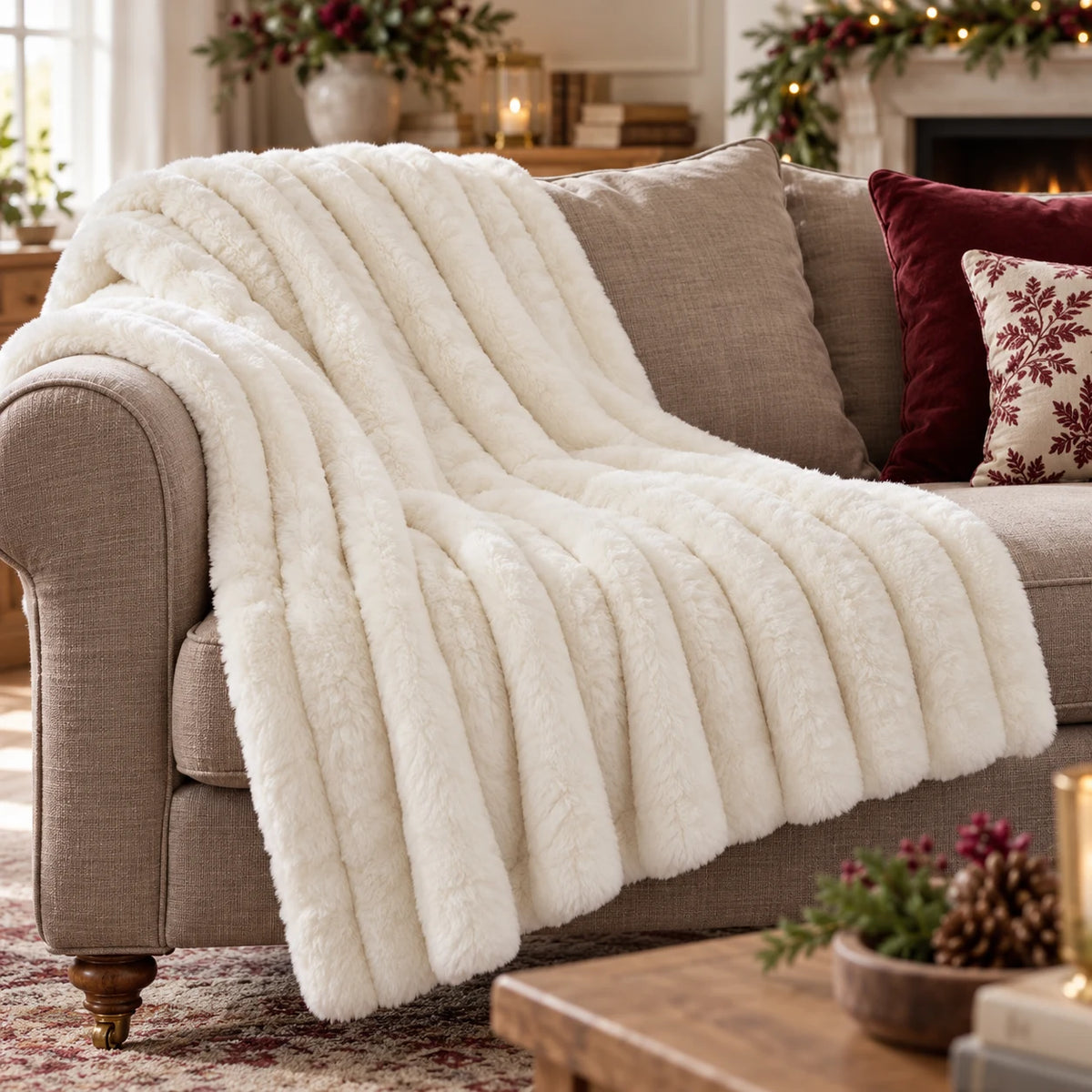 Ivory ribbed faux fur throw draped over a taupe sofa in a Christmas living room