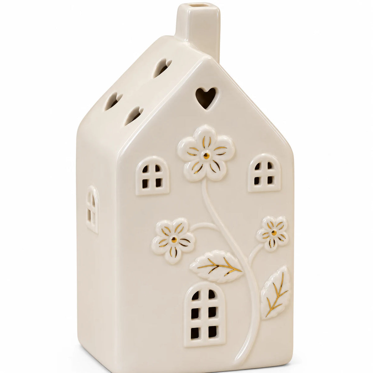 Large 17cm ivory ceramic LED house with raised flowers and gold-coloured details, detail view, LED switched off.