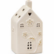 Large 17cm ivory ceramic LED house with raised flowers and gold-coloured details, detail view, LED switched off.