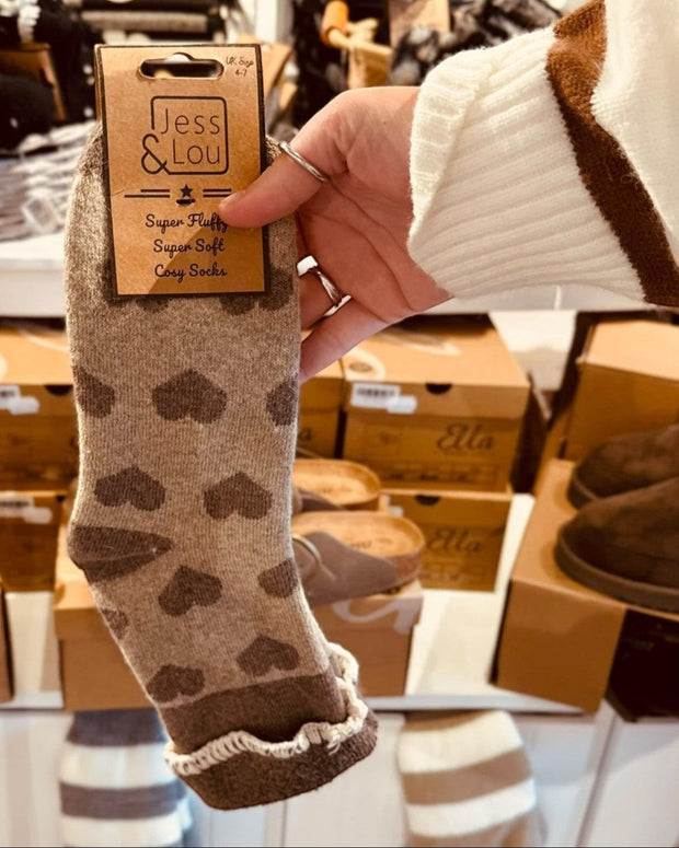 Beige Heart Cosy Cuff Socks by Jess & Lou, soft knit accessories with cute heart pattern and comfortable cuff design.