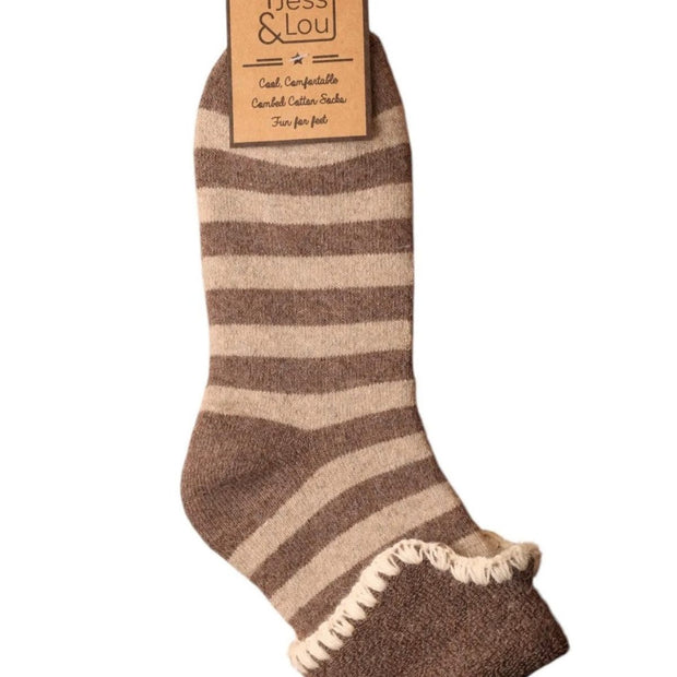 Beige stripe Cosy Cuff Socks by Jess & Lou, soft knit accessories with stylish cuff design and cozy appearance.