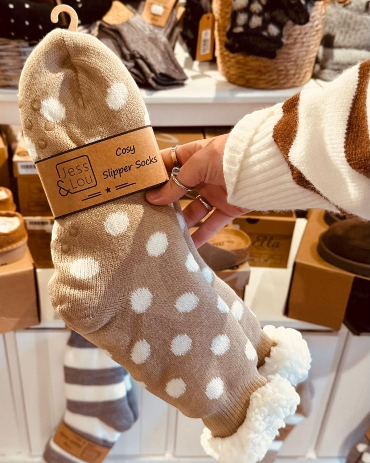 Beige polka dot Cosy Slipper Socks from Jess & Lou, cozy knit accessories with a comfortable fit and playful pattern.