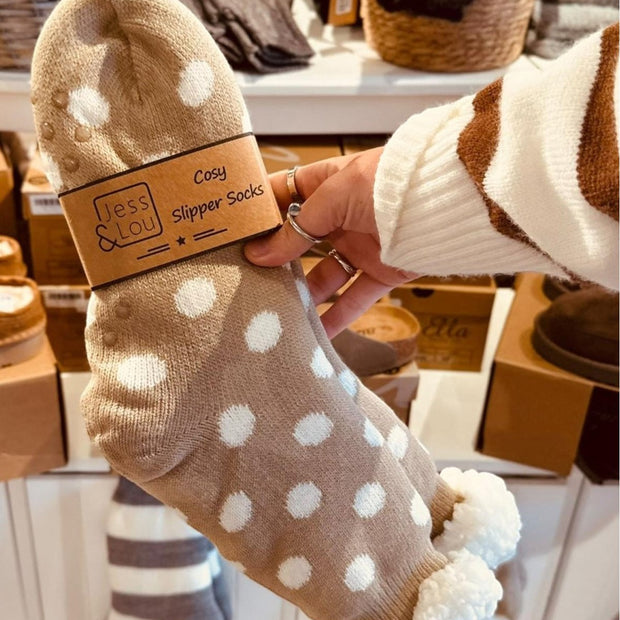 Beige polka dot Cosy Slipper Socks from Jess & Lou, cozy knit accessories with a comfortable fit and playful pattern.