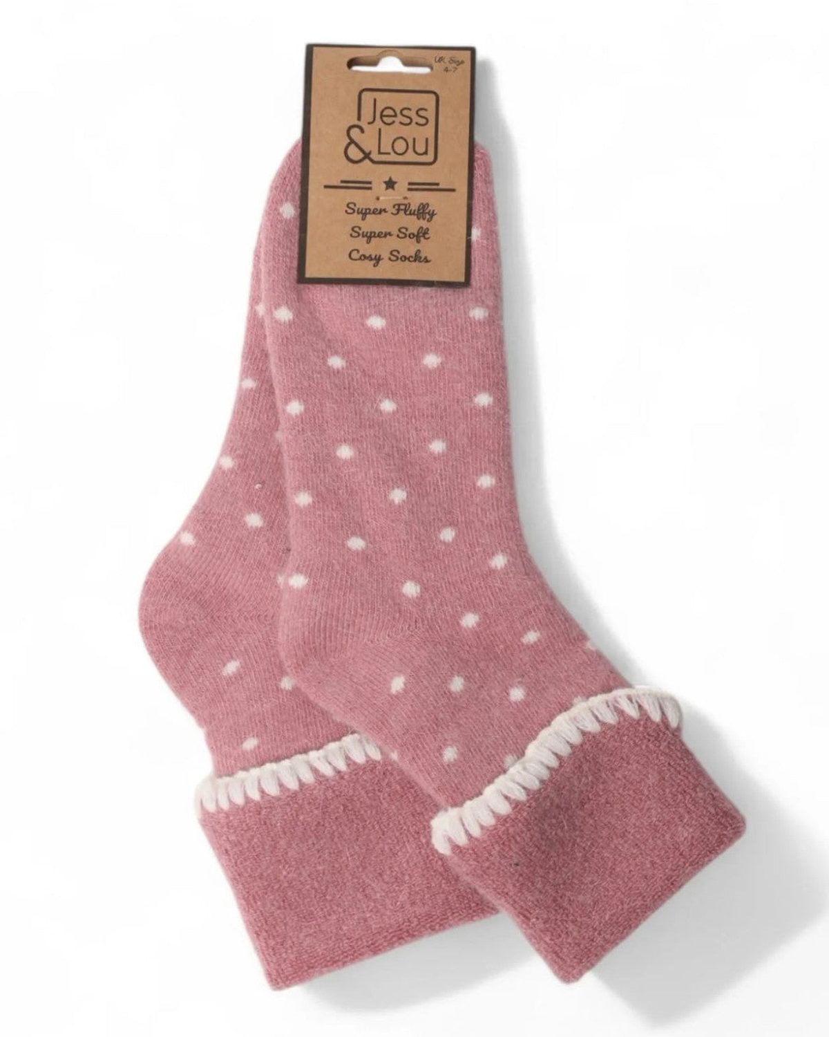 Pink fuzzy cuff socks with white polka dots from Jess & Lou Super Cosy Fluffy Cuff Socks accessories collection.