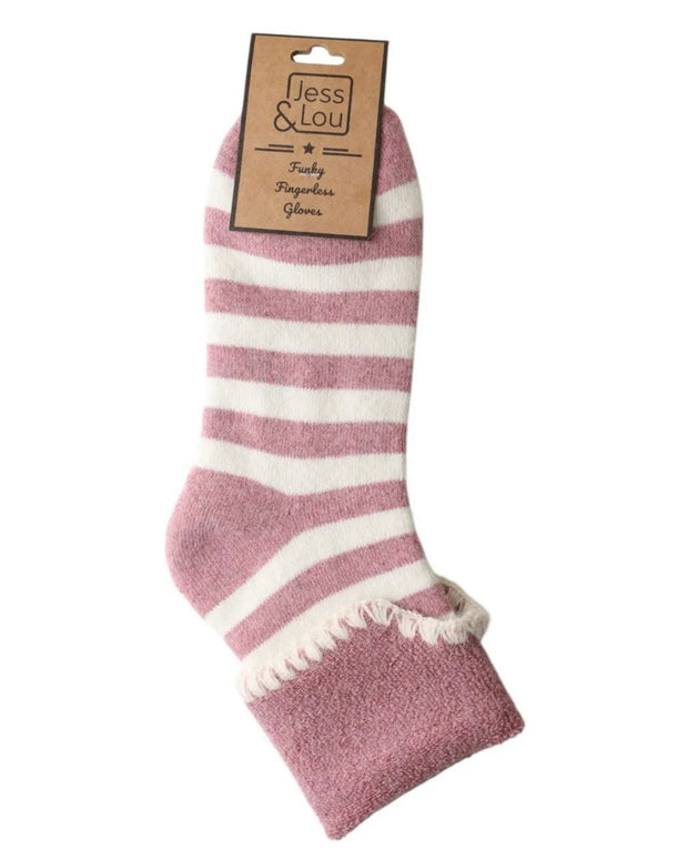 Pink striped Super Cosy Fluffy Cuff Socks by Jess & Lou, featuring soft, plush fabric and cozy cuff design for warmth and comfort.