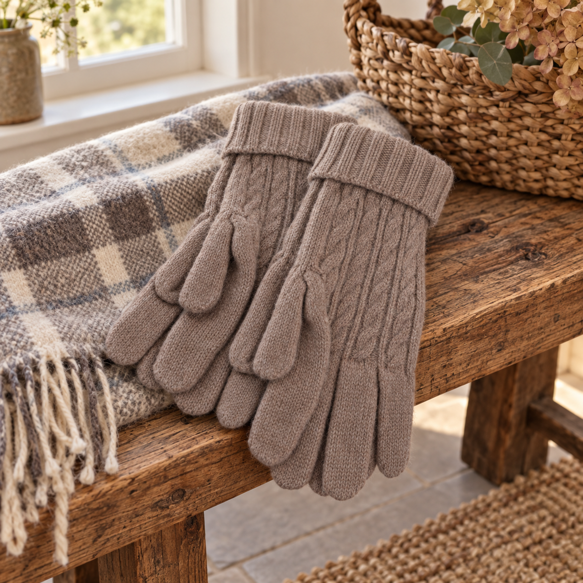 Oatmeal cable knit gloves on a rustic wooden bench