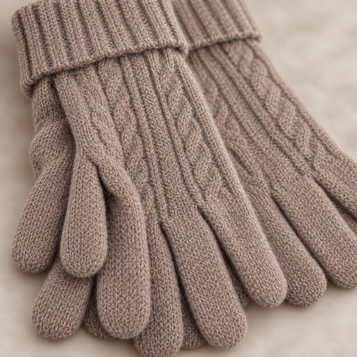 Close-up of the oatmeal cable pattern and soft glove knit
