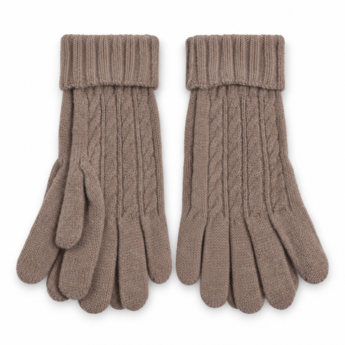 Pair of oatmeal cable knit gloves on a white background